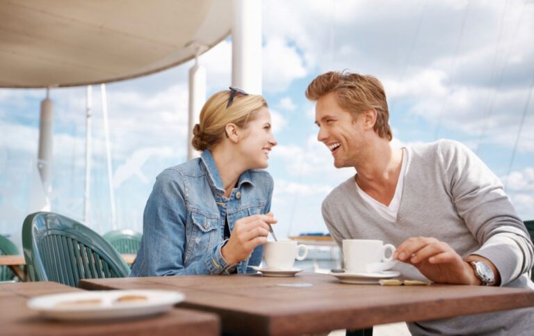 happy couple drinking coffee together